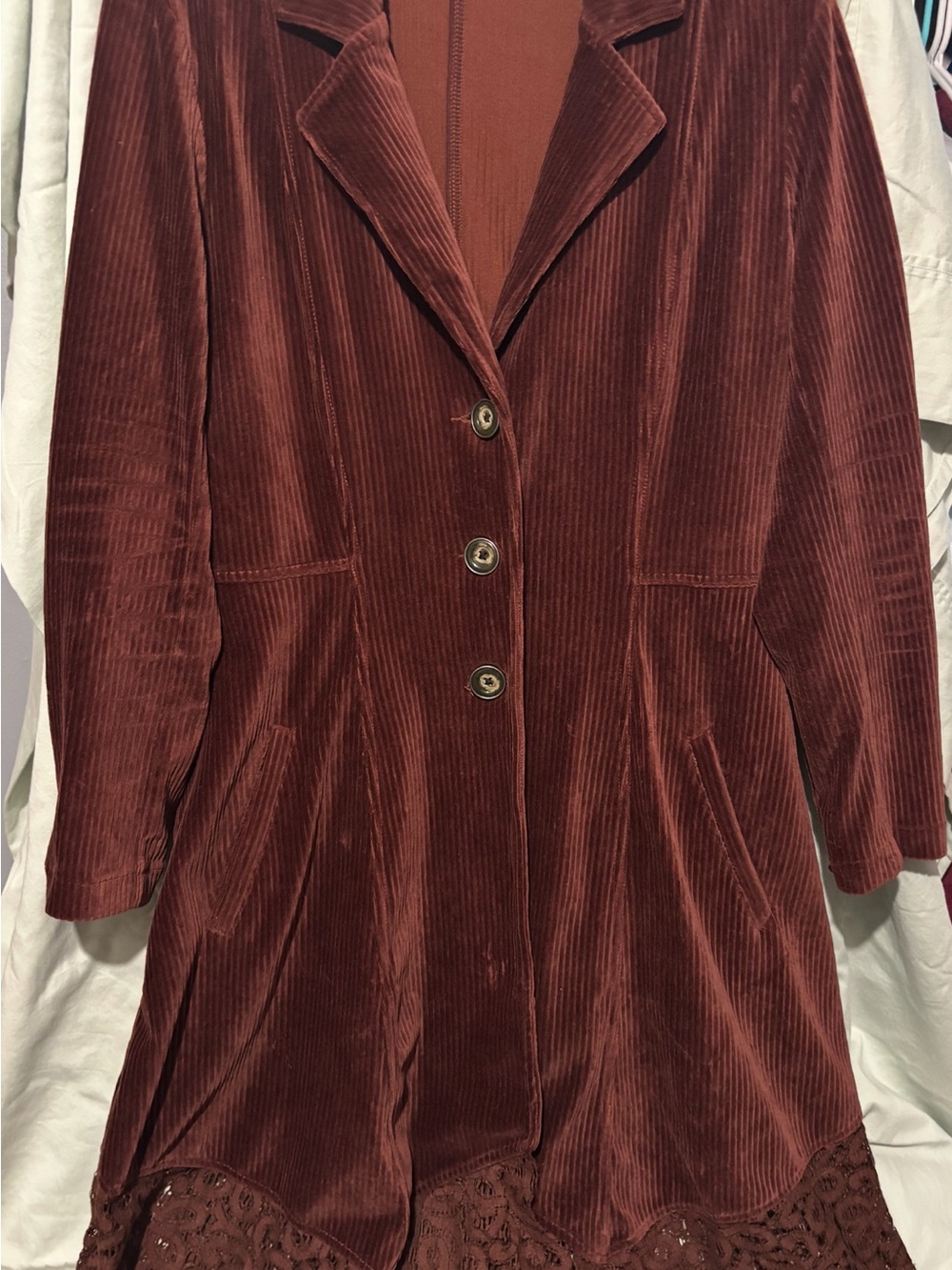 Simply Noelle Rust Corduroy Trench Coat with Lace Trim